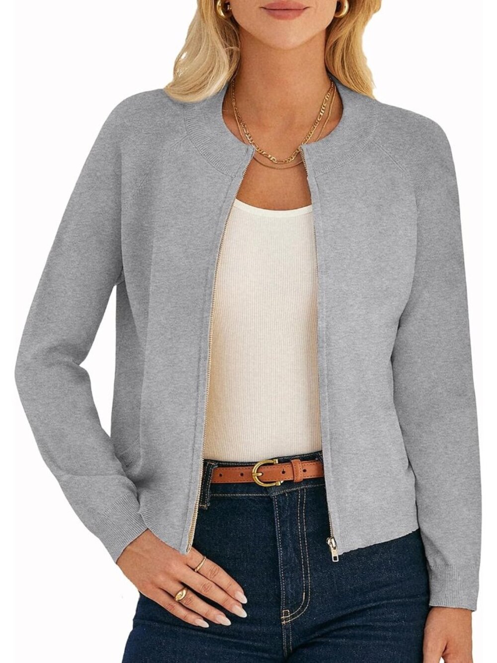 〽️Women's Grey Long Sleeve Zip Up Cardigan Lightweight Knitted Sweater Jacket